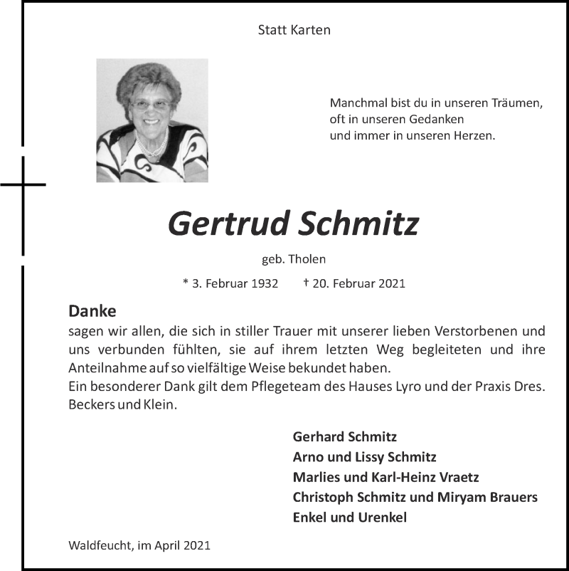  Traueranzeige für Gertrud Schmitz vom 04.04.2021 aus Zeitung am Sonntag