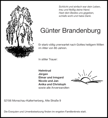 Traueranzeige von Günter Brandenburg von Aachener Zeitung / Aachener Nachrichten