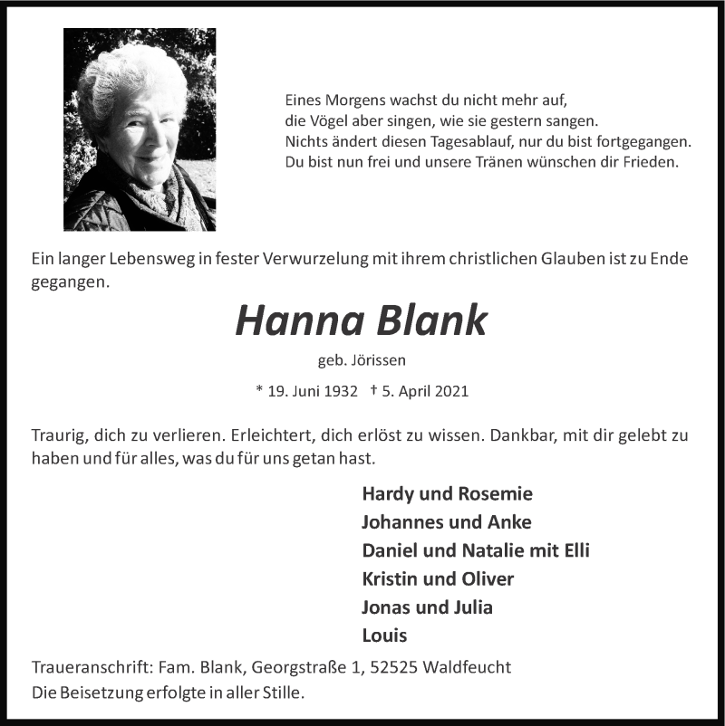 Traueranzeigen von Hanna Blank Aachen gedenkt