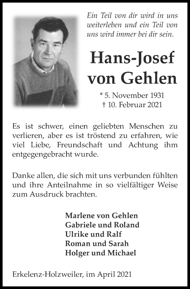  Traueranzeige für Hans-Josef von Gehlen vom 11.04.2021 aus Zeitung am Sonntag