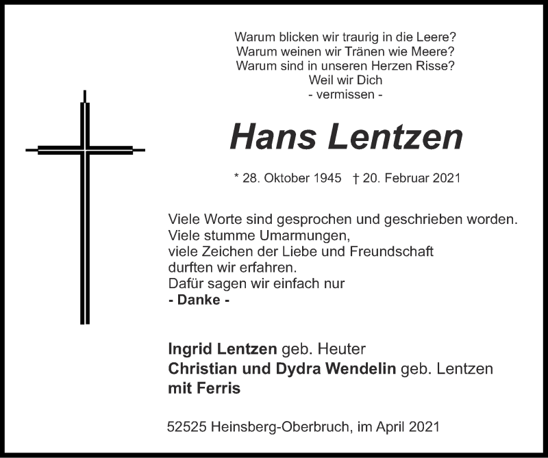  Traueranzeige für Hans Lentzen vom 11.04.2021 aus Zeitung am Sonntag