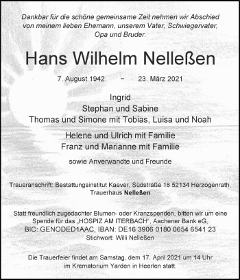 Traueranzeige von Hans Wilhelm Nelleßen von Zeitung am Sonntag