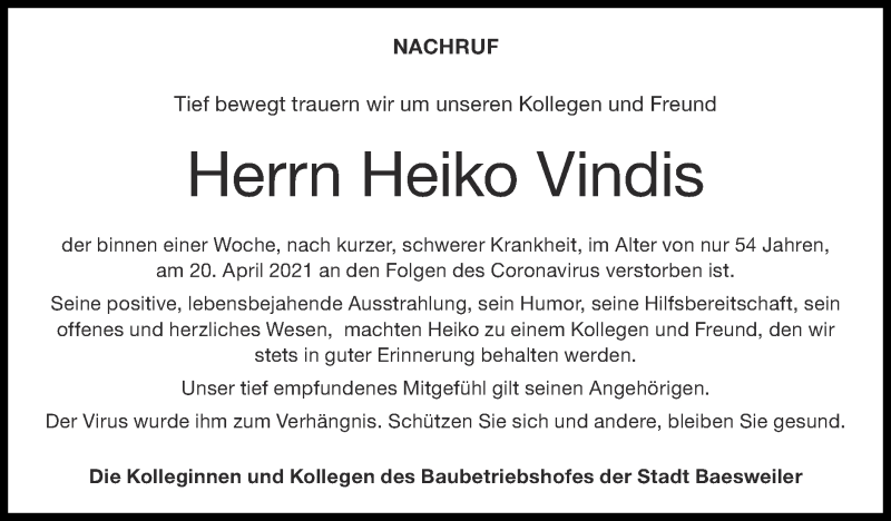  Traueranzeige für Heiko Vindis vom 25.04.2021 aus Zeitung am Sonntag