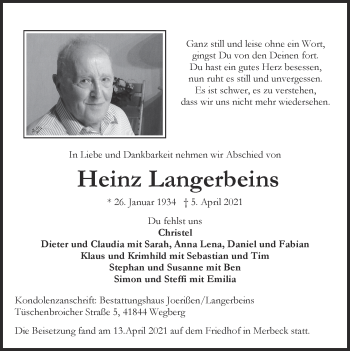 Traueranzeige von Heinz Langerbeins von Zeitung am Sonntag