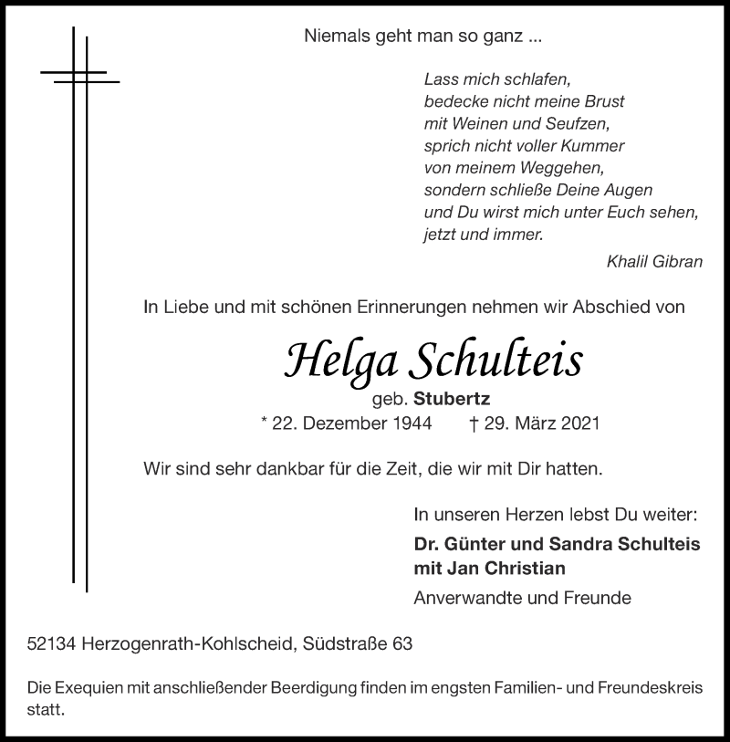  Traueranzeige für Helga Schulteis vom 03.04.2021 aus Aachener Zeitung / Aachener Nachrichten