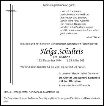 Traueranzeige von Helga Schulteis von Aachener Zeitung / Aachener Nachrichten