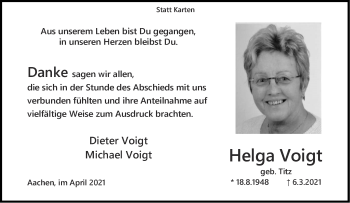 Traueranzeige von Helga Voigt von Aachener Zeitung / Aachener Nachrichten