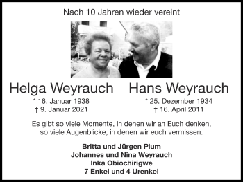 Traueranzeige von Helga Weyrauch von Zeitung am Sonntag