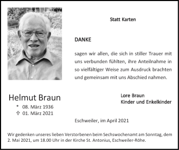 Traueranzeige von Helmut Braun von Zeitung am Sonntag