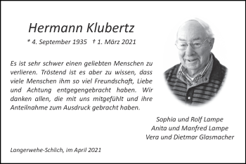 Traueranzeige von Hermann Klubertz von Zeitung am Sonntag