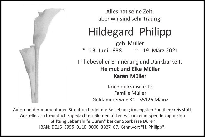  Traueranzeige für Hildegard Philipp vom 04.04.2021 aus Zeitung am Sonntag