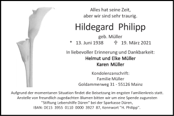 Traueranzeige von Hildegard Philipp von Zeitung am Sonntag