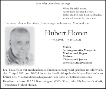Traueranzeige von Hubert Hoven von Zeitung am Sonntag