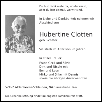 Traueranzeige von Hubertine Clotten von Zeitung am Sonntag