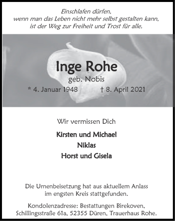 Traueranzeige von Inge Rohe von Zeitung am Sonntag