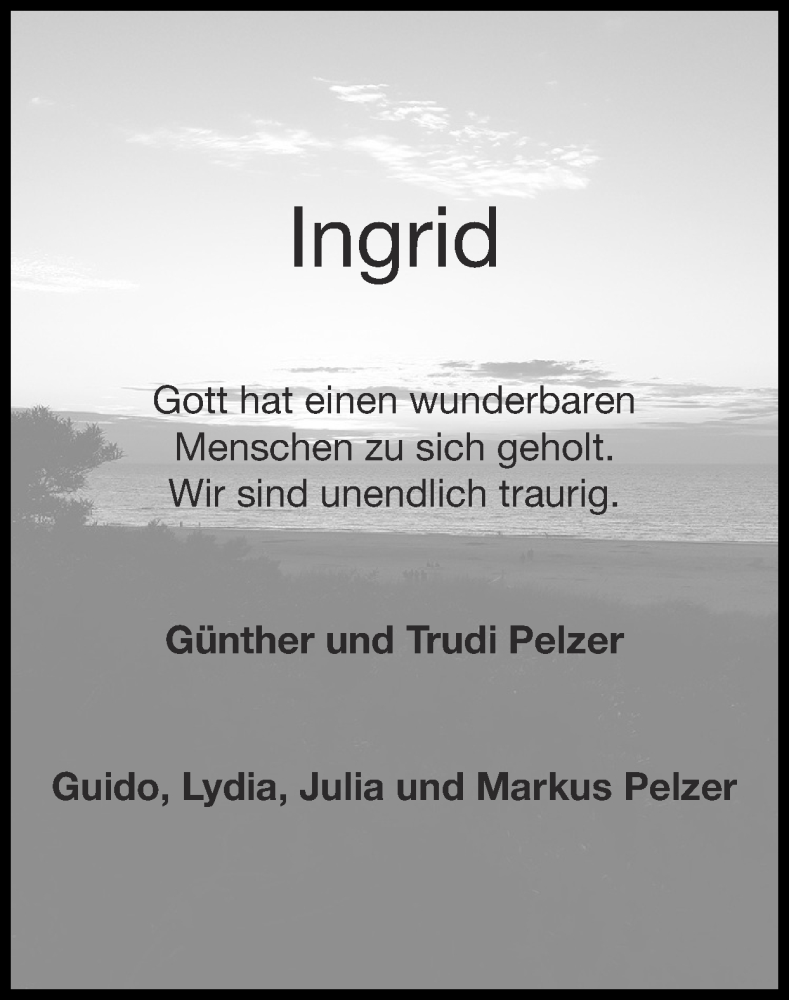  Traueranzeige für Ingrid Pelzer vom 18.04.2021 aus Zeitung am Sonntag