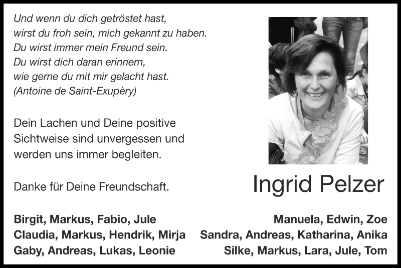  Traueranzeige für Ingrid Pelzer vom 18.04.2021 aus Zeitung am Sonntag