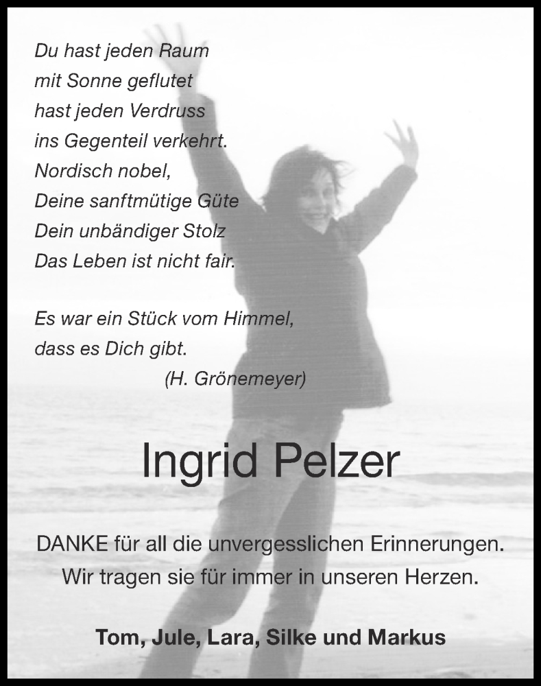  Traueranzeige für Ingrid Pelzer vom 18.04.2021 aus Zeitung am Sonntag