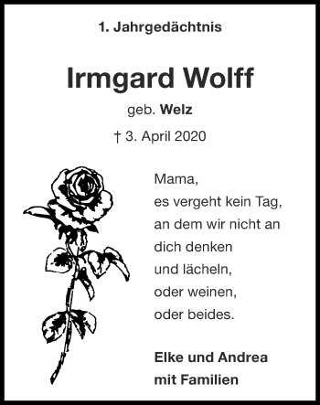 Traueranzeige von Irmgard Wolff von Zeitung am Sonntag
