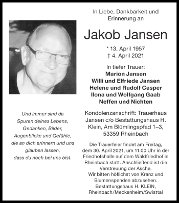 Traueranzeige von Jakob Jansen von Zeitung am Sonntag