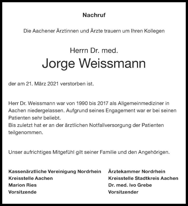  Traueranzeige für Jorge Weissmann vom 24.04.2021 aus Aachener Zeitung / Aachener Nachrichten