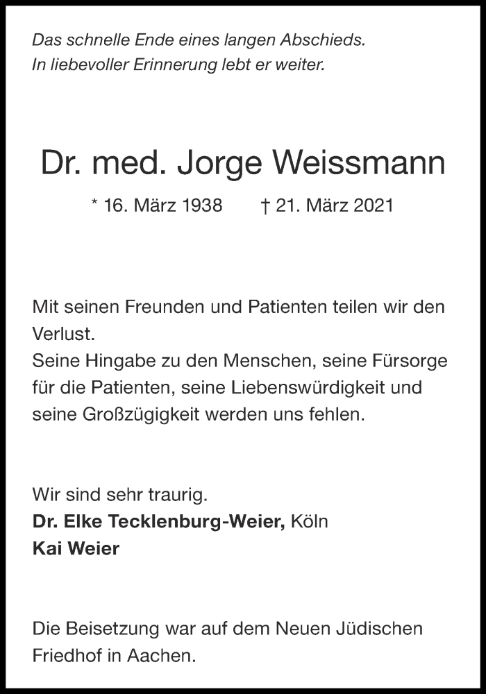  Traueranzeige für Jorge Weissmann vom 03.04.2021 aus Aachener Zeitung / Aachener Nachrichten