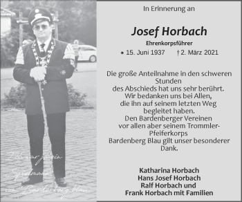 Traueranzeige von Josef Horbach von Zeitung am Sonntag