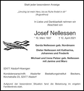 Traueranzeige von Josef Nellessen von Zeitung am Sonntag