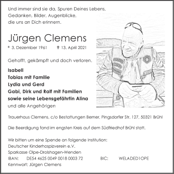 Traueranzeige von Jürgen Clemens von Zeitung am Sonntag