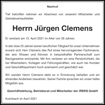 Traueranzeige von Jürgen Clemens von Zeitung am Sonntag