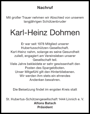 Traueranzeige von Karl-Heinz Dohmen von Zeitung am Sonntag