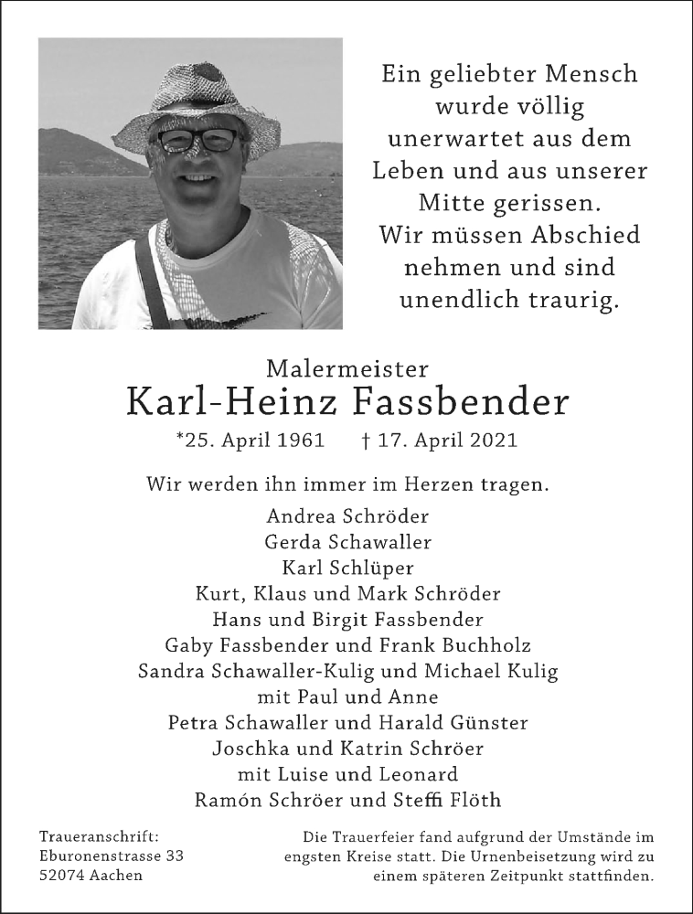  Traueranzeige für Karl-Heinz Fassbender vom 24.04.2021 aus Aachener Zeitung / Aachener Nachrichten