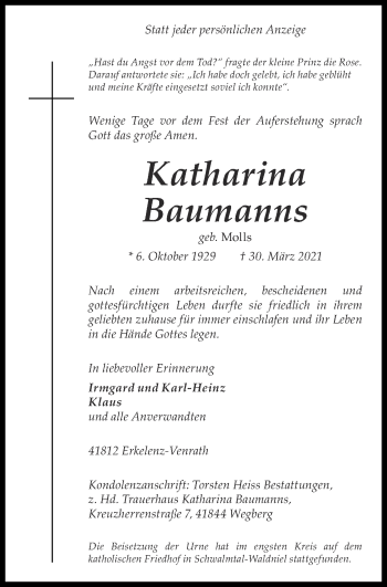 Traueranzeige von Katharina Baumanns von Zeitung am Sonntag