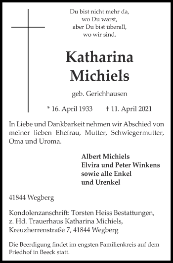 Traueranzeige von Katharina Michiels von Zeitung am Sonntag