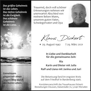 Traueranzeige von Klaus Dickert von Zeitung am Sonntag