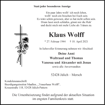 Traueranzeige von Klaus Wolff von Zeitung am Sonntag