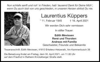 Traueranzeige von Laurentius Küppers von Zeitung am Sonntag