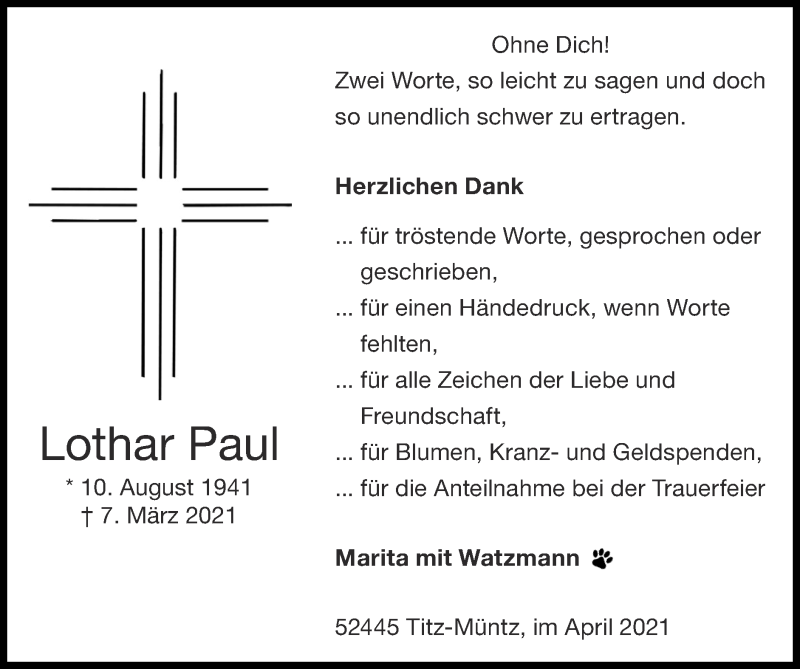  Traueranzeige für Lothar Paul vom 18.04.2021 aus Zeitung am Sonntag