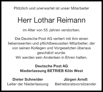 Traueranzeige von Lothar Reimann von Zeitung am Sonntag