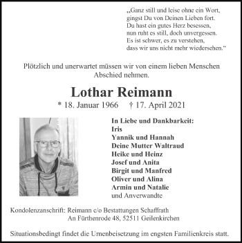 Traueranzeige von Lothar Reimann von Zeitung am Sonntag