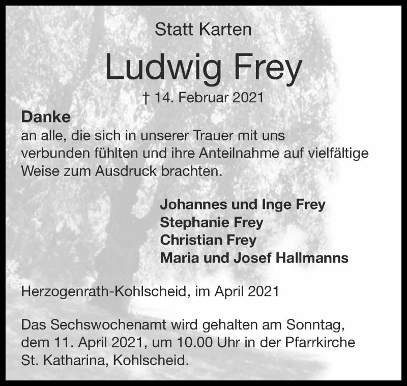  Traueranzeige für Ludwig Frey vom 04.04.2021 aus Zeitung am Sonntag