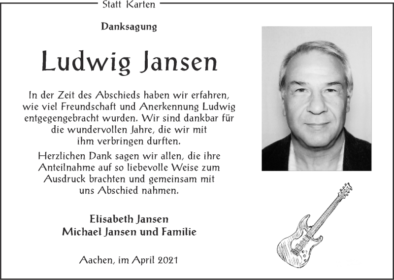  Traueranzeige für Ludwig Jansen vom 11.04.2021 aus Zeitung am Sonntag