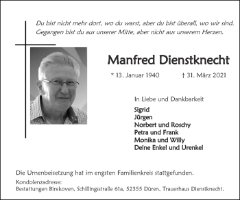 Traueranzeige von Manfred Dienstknecht von Zeitung am Sonntag