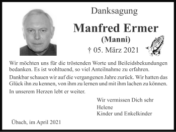 Traueranzeige von Manfred Ermer von Zeitung am Sonntag