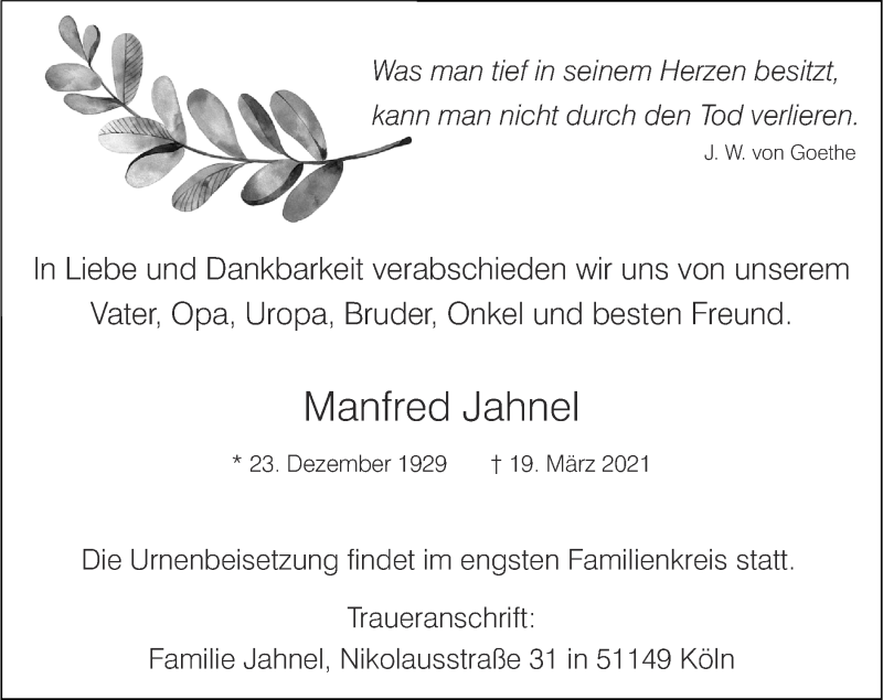  Traueranzeige für Manfred Jahnel vom 04.04.2021 aus Zeitung am Sonntag