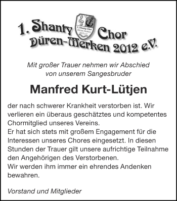 Traueranzeige von Manfred Kurt-Lütjen von Zeitung am Sonntag