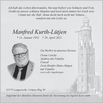 Traueranzeige von Manfred Kurth-Lütjen von Zeitung am Sonntag