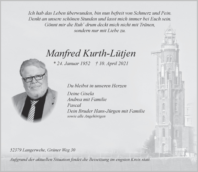  Traueranzeige für Manfred Kurth-Lütjen vom 13.04.2021 aus Aachener Zeitung / Aachener Nachrichten