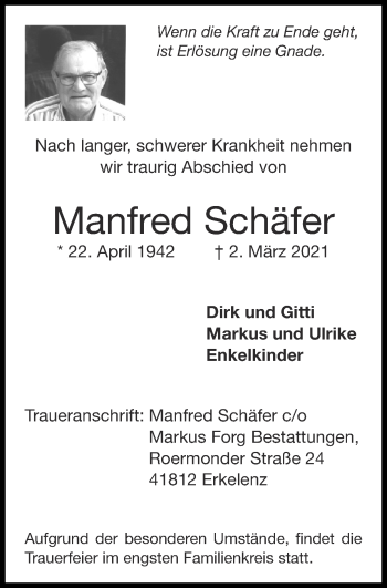 Traueranzeige von Manfred Schäfer von Zeitung am Sonntag