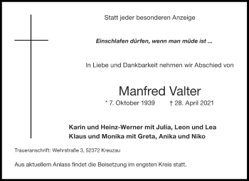 Traueranzeige von Manfred Valter von Aachener Zeitung / Aachener Nachrichten